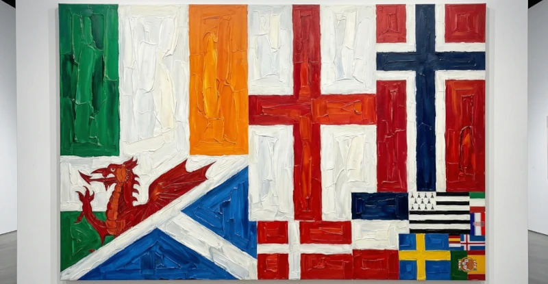 A modern oil painting consisting of a composite of flags corresponding with the nations listed in the paragraph below